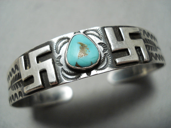 Early Whirling Logs Vintage Native American Navajo Turquoise Sterling Silver Bracelet Old-Nativo Arts