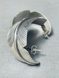 One Of The Best Vintage Native American Navajo Hand Carved Sterling Silver Feather Earrings-Nativo Arts