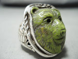 Native American Important Intricate Hand Carved Bear Jade Sterling Silver Ring-Nativo Arts