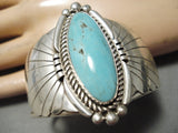 Striking Vintage Native American Navajo Blue Gem Turquoise Sterling Silver Flanked Bracelet Old-Nativo Arts