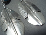 Feather Master Native American Navajo Old Kingman Turquoise Sterling Silver Feather Earrings-Nativo Arts