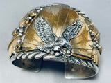 Huge Mens Native American Navajo Signed Sterling Silver Eagle Gold Fill Huge Bracelet-Nativo Arts