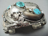 Wide Detailed Bear Native American Navajo Turquoise Coral Sterling Silver Bracelet-Nativo Arts