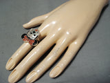 Whimsical Native American Zuni Coral Jet Mother Of Pearl Sterling Silver Minnie Mouse Ring-Nativo Arts