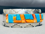 Pueblo Inlay Native American Navajo Turquoise Spiny Oyster Sterling Silver Geomtric Bracelet-Nativo Arts