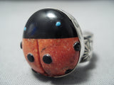 Marvelous Native American Navajo Coral Jet Turquoise Sterling Silver Ladybug Ring-Nativo Arts