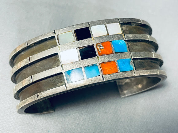 Teresa Signed Vintage Native American Navajo Quadrant Inlay Sterling Silver Turquoise Bracelet-Nativo Arts