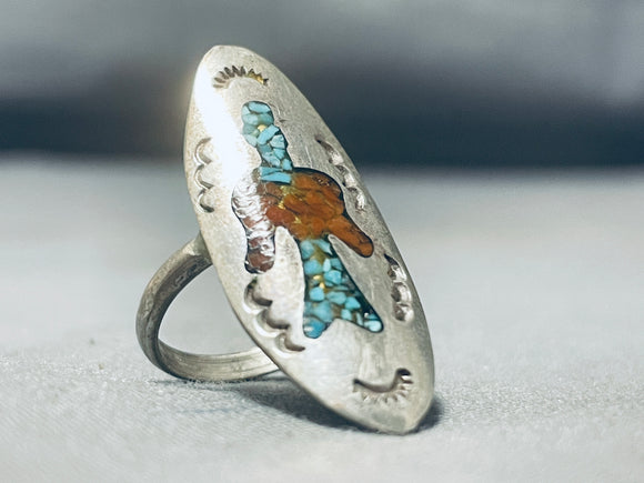 Very Intricate 1960s Vintage Native American Navajo Turquoise Coral Sterling Silver Ring Old-Nativo Arts