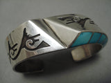 One Of Best Multi Technique Vintage Native American Navajo Turquoise Sterling Silver Bracelet-Nativo Arts