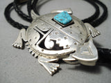 Important Hand Carved Native American Navajo Turquoise Sterling Silver Toad Bolo Tie-Nativo Arts