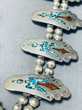 Native American Intricate Vintage Navajo Turquoise Coral Sterling Silver Squash Blossom Necklace-Nativo Arts