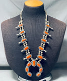 Women's Vintage Native American Navajo Chunky Coral Sterling Silver Squash Blossom Necklace-Nativo Arts