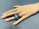Intricate Native American Navajo Blue Gem Turquoise Sterling Silver Buffalo Ring-Nativo Arts