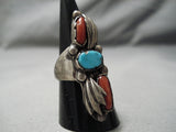 Towering Vintage Native American Navajo Chunk Coral Turquoise Sterling Silver Ring Old-Nativo Arts