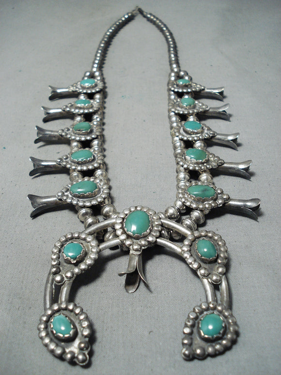 Women's Vintage Native American Navajo Green Turquoise Sterling Silver Squash Blossom Necklace-Nativo Arts