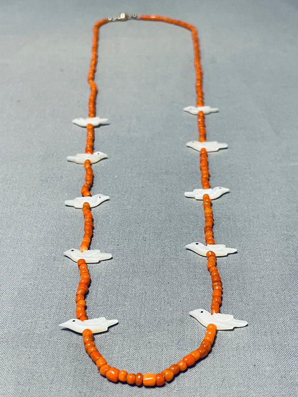 14k Gold Vintage Native American Navajo Coral Bird Fetish Pearl Necklace Old-Nativo Arts