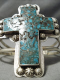 Huge Towering Vintage Native American Navajo Turquoise Cross Christian Sterling Silver Bracelet-Nativo Arts