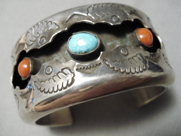 Tremendous Vintage Native American Navajo Coral Turquoise Sterling Silver Shadowbox Bracelet Old-Nativo Arts