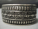 Important Stamp Genius Sterling Silver Wide Native American Navajo Bracelet Cuff-Nativo Arts