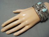 Important Vintage Native American Navajo Buffalo Turquoise Sterling Silver Leaf Bracelet-Nativo Arts