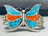 Awesome Native American Navajo Turquoise Coral Chip Inlay Sterling Silver Butterfuly Bracelet-Nativo Arts