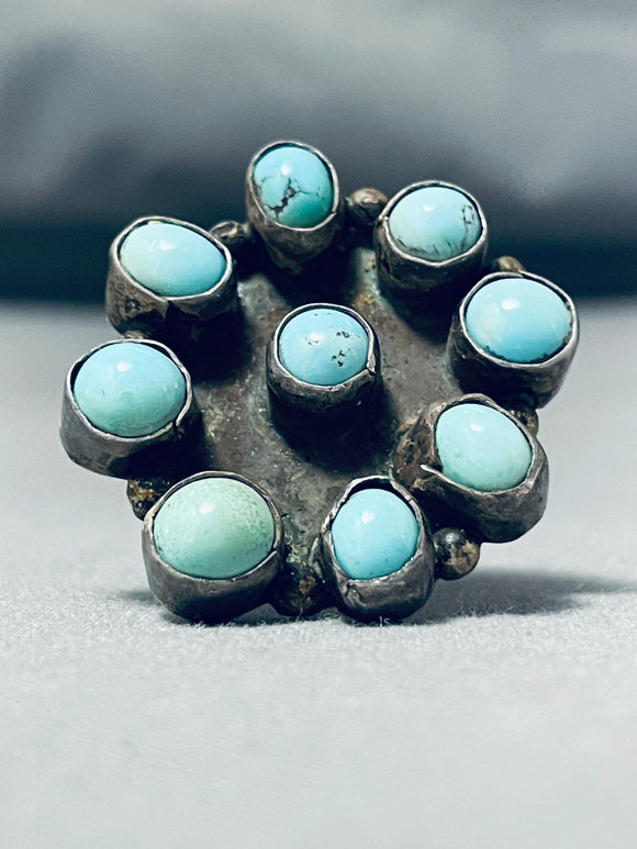 Beautiful Vintage Native American Navajo 9 Blue Gem Turquoise Sterling Silver Ring-Nativo Arts