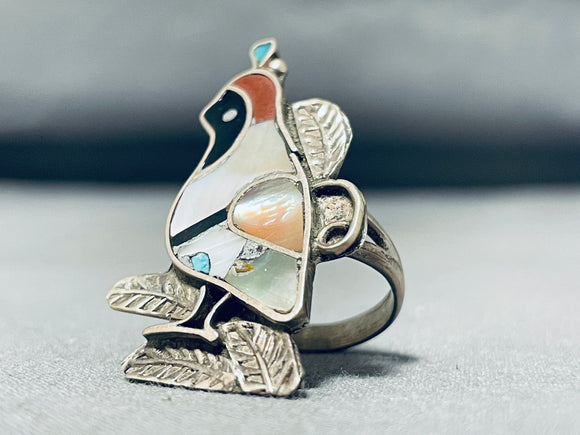 Intriguing Vintage Native American Zuni Turquoise Inlay Sterling Silver Quail Ring-Nativo Arts