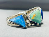 One Of The Most Unique Vintage Native American Navajo Turquoise Lapis Sterling Silver Bracelet-Nativo Arts