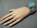 Bea Nez Vintage Native American Navajo Sleeping Beauty Turquoise Sterling Silver Elk Bracelet-Nativo Arts