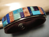 Unique!! Vintage Native American Navajo Turquoise Sterling Silver Inlay Leather Bracelet-Nativo Arts