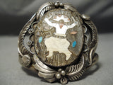 Huge Dancing Kachina Turquoise Vintage Native American Navajo Sterling Silver Bracelet Old-Nativo Arts