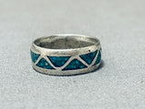 Detailed Vintage Native American Navajo Turquoise Sterling Silver Inlay Ring Old-Nativo Arts