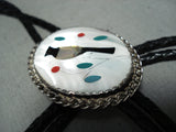 Rare Vintage Native American Zuni Inlay Turquoise Mother Of Pearl Bird Sterling Silver Bolo-Nativo Arts