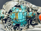 Native American Tortoise Francisco Gomez Hand Carved Turquoise Sterling Silver Bracelet-Nativo Arts