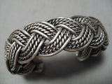 Intricate Hand Woven Vintage Native American Navajo Sterling Silver Rug Bracelet Old-Nativo Arts