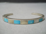 Thick Vintage Native American Zuni Navajo Turquoise Inlaid Sterling Silver Bracelet Old-Nativo Arts