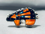 Signed Native American Navajo Turquoise Jet Sterling Silver Cosmic Black Bear Ring-Nativo Arts