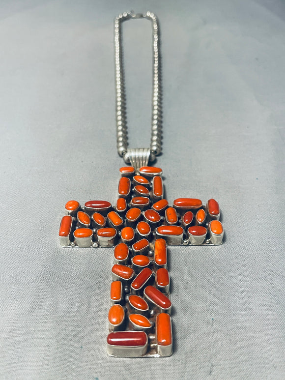 Arnold Yazzie Xxl Vintage Native American Navajo Coral Sterling Silver Cross Necklace-Nativo Arts