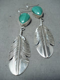 Awesome Navajo Native American Malachite Sterling Silver Feather Earrings-Nativo Arts