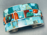 Heavy 129 Gram Native American Navajo Turquoise Coral Sterling Silver Inlay Bracelet-Nativo Arts