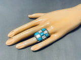 Huge Vintage Native American Navajo Turquoise Pearl Sterling Silver Inlay Heavy Ring-Nativo Arts