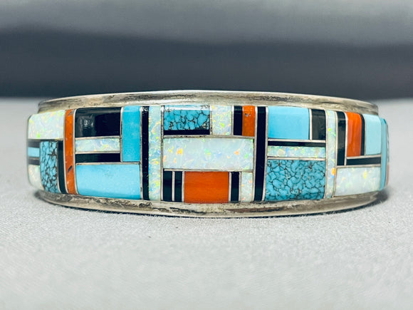 Astonishing Vintage Native American Navajo Turquoise Opal Coral Sterling Silver Bracelet Signed-Nativo Arts