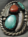 Big Over 100 Gram Vintage Native American Navajo Green Turquoise Coral Sterling Silver Bracelet-Nativo Arts
