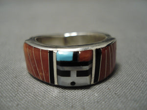 Inlay Master Zuni Native American Turquoise Coral Sterling Silver Ring-Nativo Arts