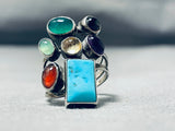 Dramatic Vintage Native American Navajo Blue Gem Turquoise & Multi Stone Sterling Silver Ring-Nativo Arts