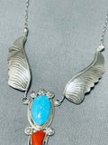 Marvelous Vintage Native American Navajo Blue Gem Turquoise & Coral Sterling Silver Necklace-Nativo Arts