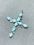 Native American Rare Diamond Shaped Turquoise Vintage Zuni Sterling Silver Cross Necklace-Nativo Arts