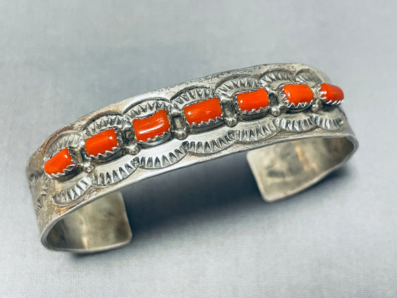Marvelous Vintage Native American Navajo Coral Sterling Silver Bracelet Signed Jerry Bahe-Nativo Arts