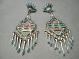 Very Unique!! Zuni Native American Sterling Silver Long Turquoise Earrings-Nativo Arts