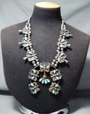 Butterfly Vintage Native American Navajo Turquoise Coral Sterling Silver Squash Blossom Necklace-Nativo Arts
